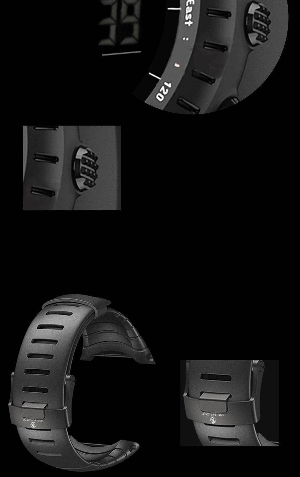 Side view of a men's sport digital watch, black silicone band with textured grip, water resistant