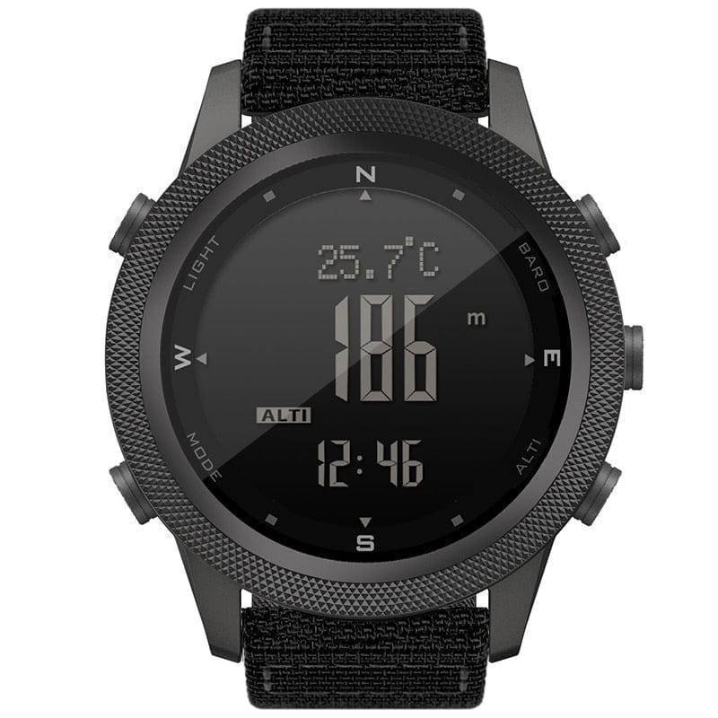 Men's outdoor sports digital watch with altimeter, barometer, compass. Black tactical adventure gear.