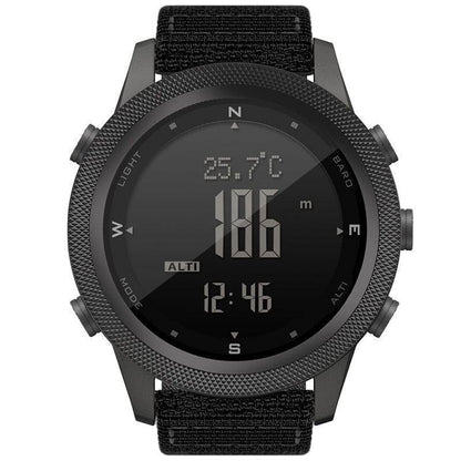 Men's outdoor sports digital watch with altimeter, barometer, compass. Black tactical adventure gear.