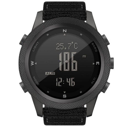 Men's outdoor sports digital watch with altimeter, barometer, compass. Black tactical adventure gear.