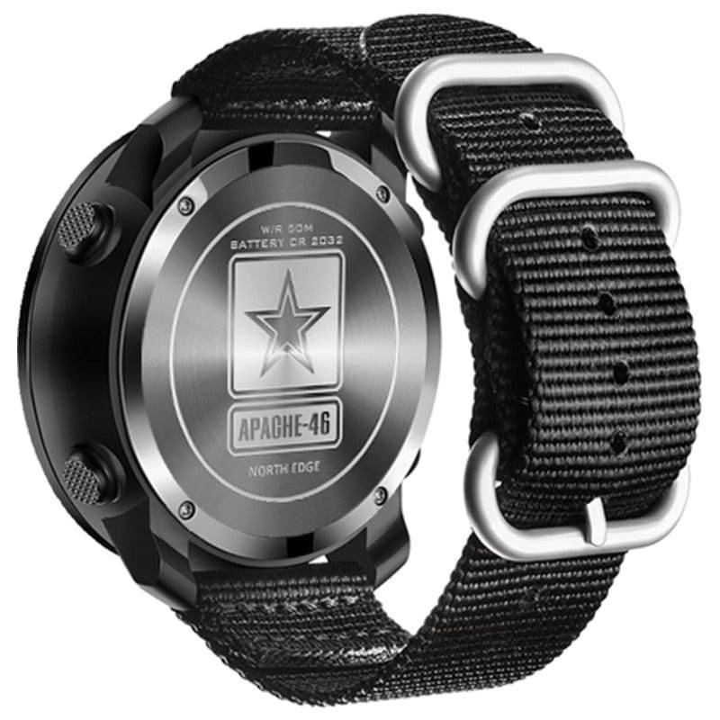 Rugged men's digital watch, water resistant, showing time, altimeter and barometer functions.
