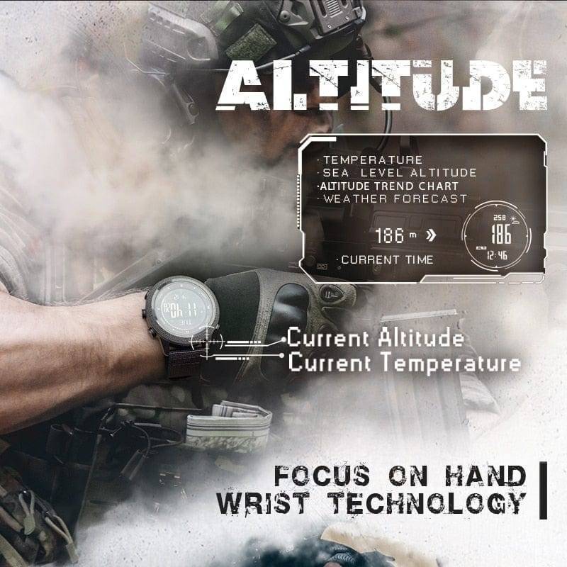Tactical men's outdoor watch, black, designed for sports with altimeter and barometer.