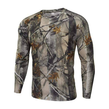 Back view of men's durable camouflage outdoor long sleeve shirt