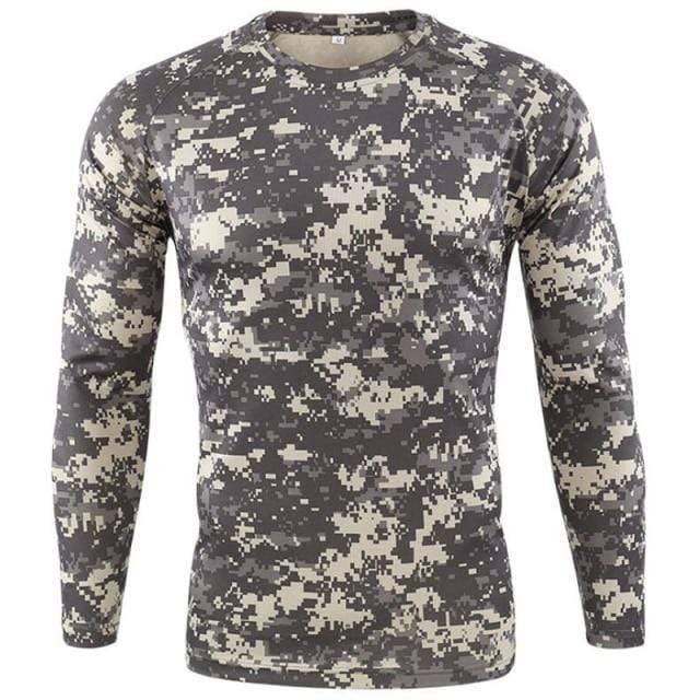 Close-up of men's outdoor camouflage long sleeve shirt fabric texture