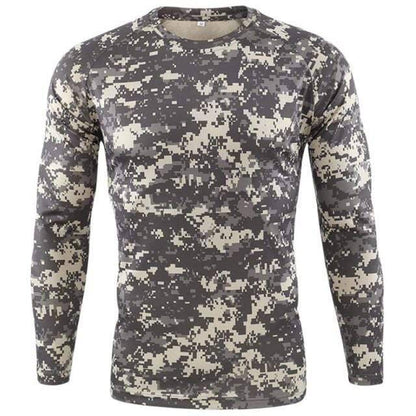 Close-up of men's outdoor camouflage long sleeve shirt fabric texture