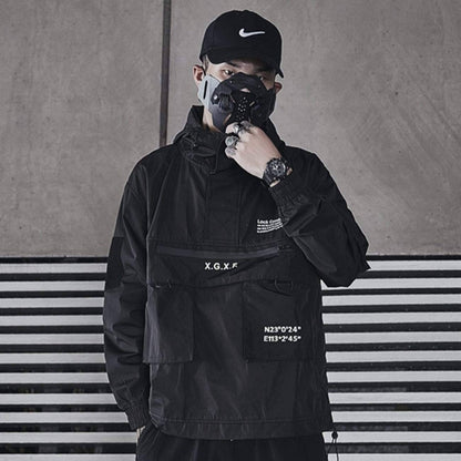 Men's outdoor tactical cargo jacket with hood, multiple pockets, and weather-resistant fabric