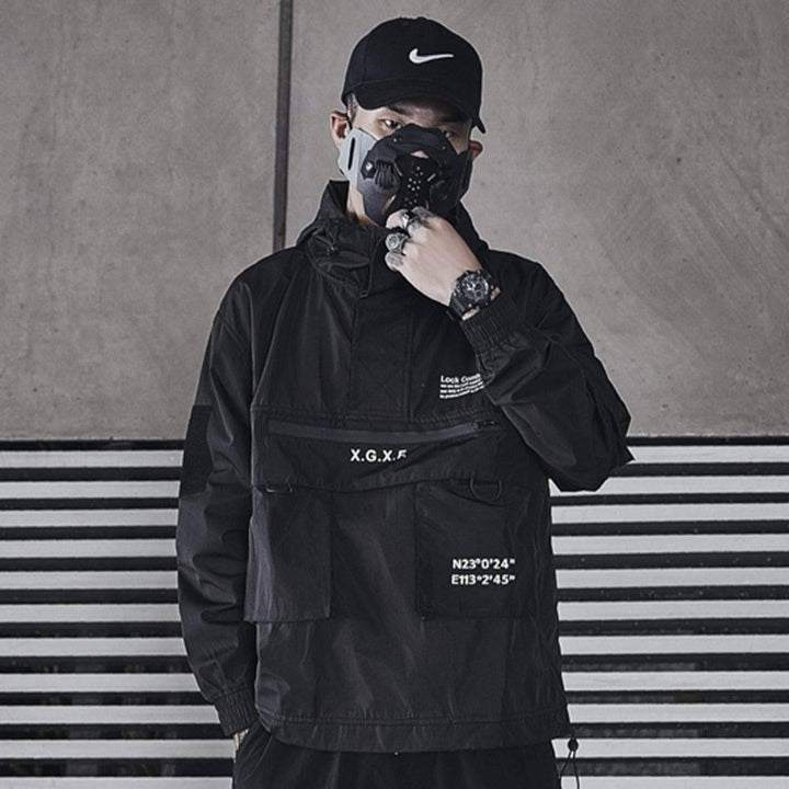 Men's outdoor tactical cargo jacket with hood, multiple pockets, and weather-resistant fabric