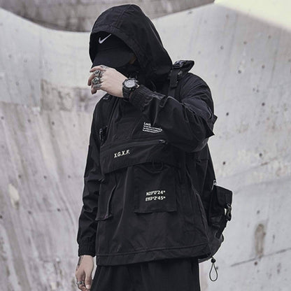 Rugged men's hooded tactical jacket in a neutral color, perfect for outdoor activities