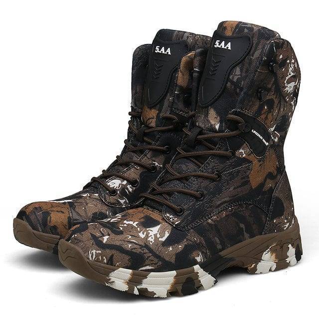 Close-up of men's hiking combat boots showing robust construction and textured grip for work.