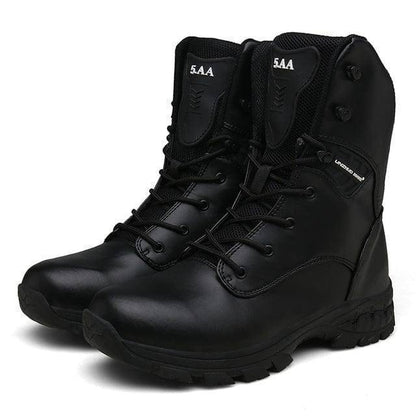 Pair of black men's military style tactical boots, ideal for harsh outdoor conditions and camping.