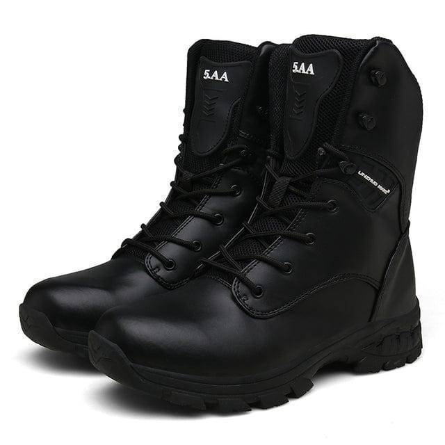 Pair of black men's military style tactical boots, ideal for harsh outdoor conditions and camping.
