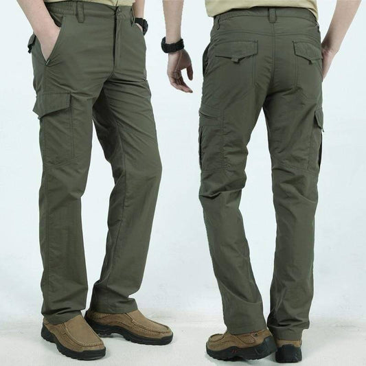 Men's outdoor tactical hiking cargo pants in olive green, durable for camping and adventure.