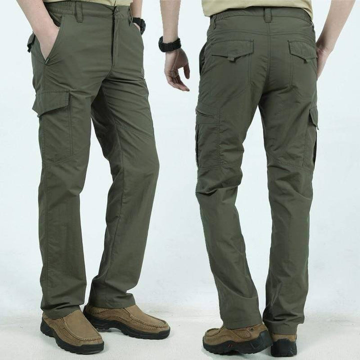 Men's outdoor tactical hiking cargo pants in olive green, durable for camping and adventure.
