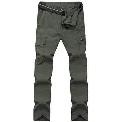 Close-up of mens tactical hiking cargo pants fabric, showing reinforced knees and utility pockets.