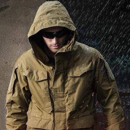 Men's outdoor tactical hooded jacket for hiking and camping, durable polyester utility gear