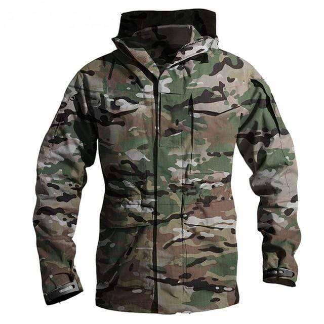 Close-up of the polyester fabric on a men's tactical hooded jacket, showing durability for outdoors