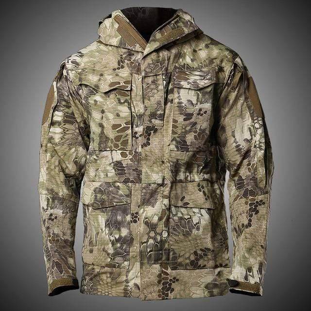 Back view of a man's outdoor tactical jacket, featuring a protective hood and robust design
