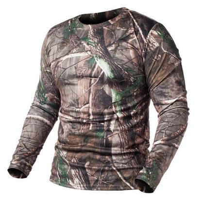 Men's outdoor tactical long sleeve broadcloth shirt in camo, ideal for hunting and camping.