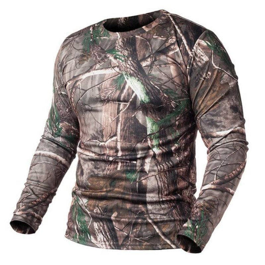 Men's outdoor tactical long sleeve broadcloth shirt in camo, ideal for hunting and camping.