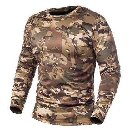 Closeup of a men's military style long sleeve tactical shirt, suitable for outdoor adventures.