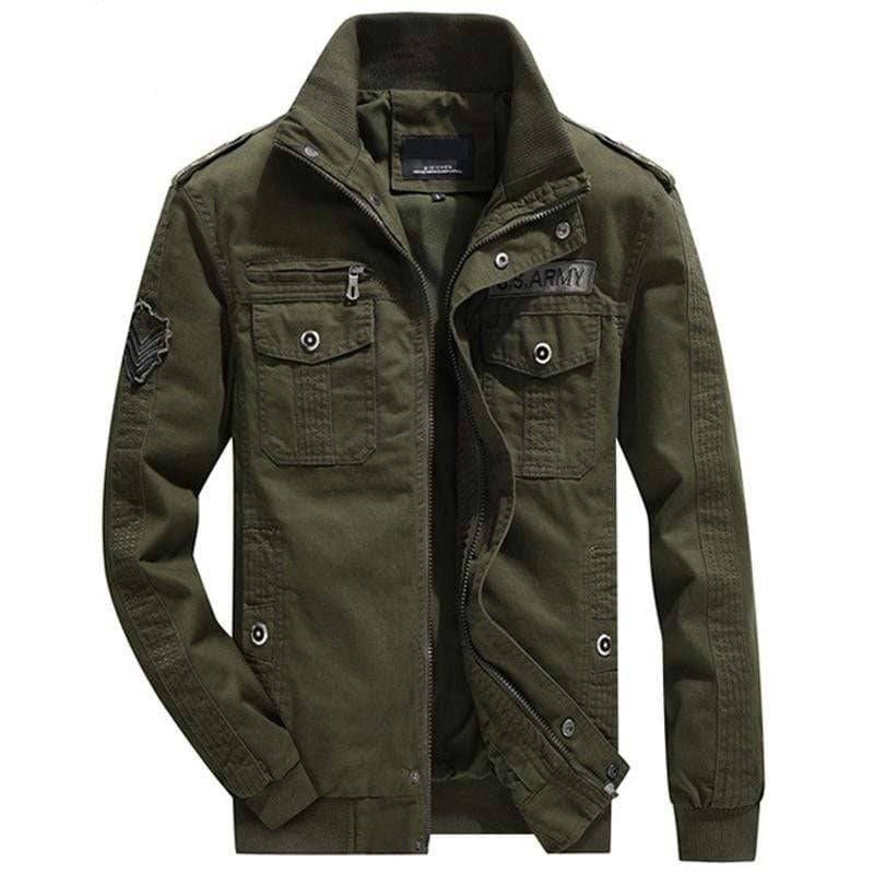 Men's outdoor tactical windbreaker military field jacket in olive green, front view, polyester material