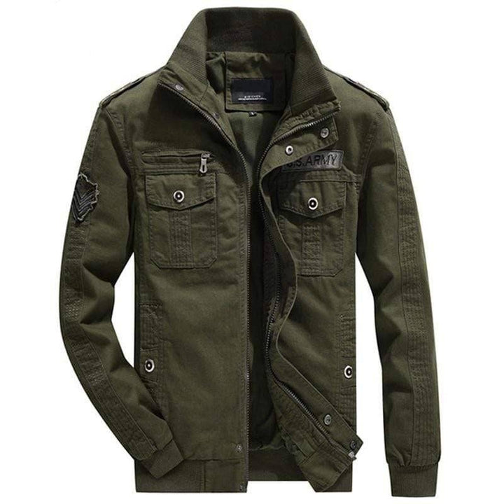 Men's outdoor tactical windbreaker military field jacket in olive green, front view, polyester material
