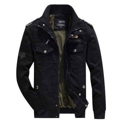 Close-up of men's military style field jacket with tactical pockets and durable polyester fabric