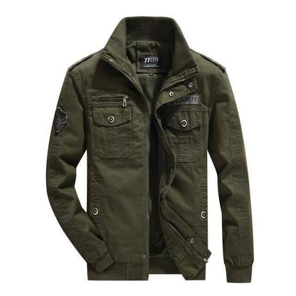 Detailed image of the collar and zipper on a men's tactical windbreaker field jacket, polyester