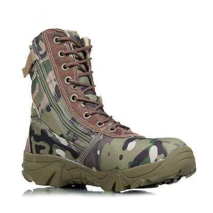 Close-up of men's tactical hiking boots showcasing waterproof material and sturdy sole