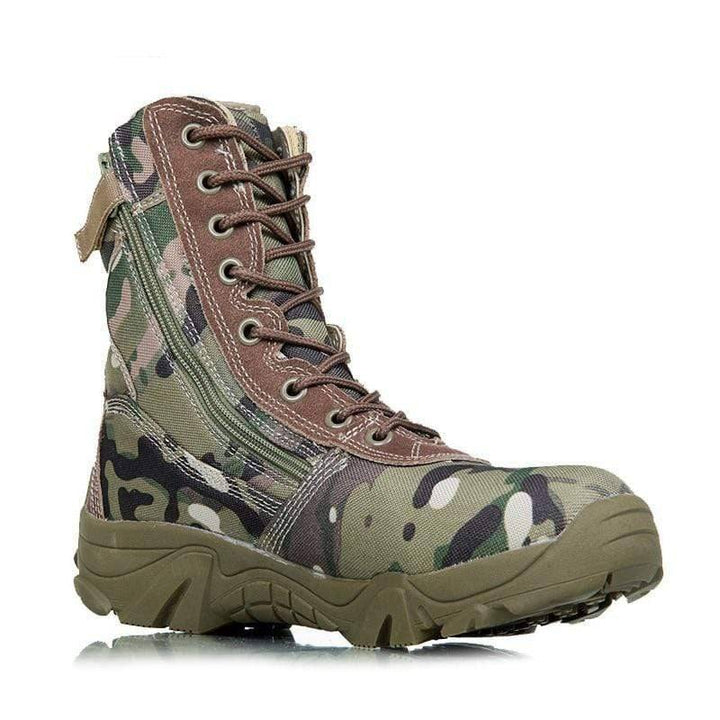 Close-up of men's tactical hiking boots showcasing waterproof material and sturdy sole