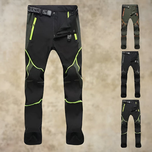 Men's outdoor windproof hiking trousers in grey on a white background, highlighting the durable fabric.