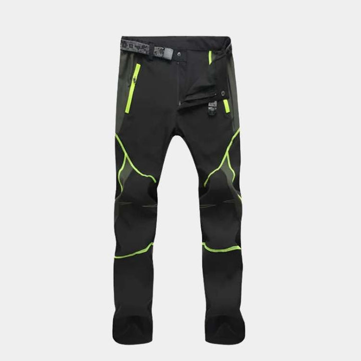 Lightweight and breathable men's hiking pants for trekking, showing water-resistant texture up close.