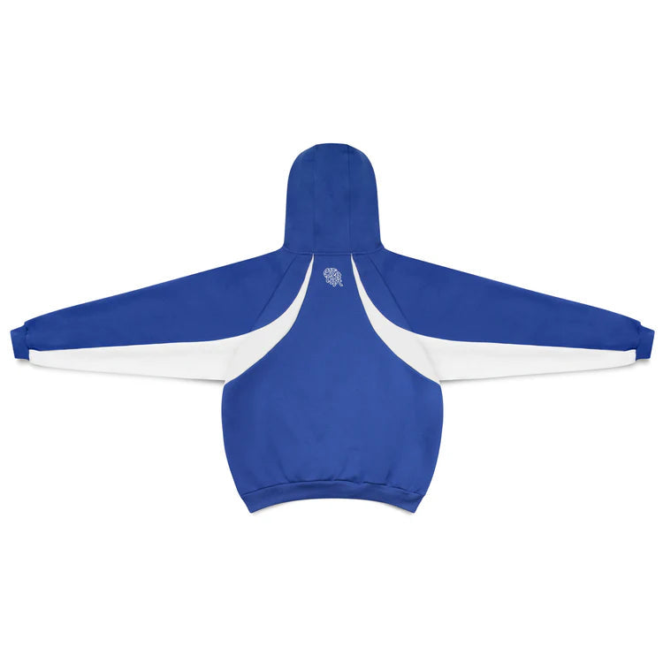 Men's oversized hooded sweatshirt with striking contrast panels, casual style.