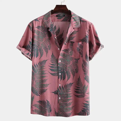 Lightweight men's tropical button-up shirt with palm print, ideal for summer casual wear & vacation outfits.