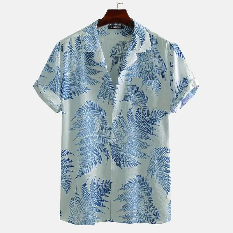 Stylish men's Pacific Palm print button-up shirt, a must-have for summer fashion, beach trips & casual events.