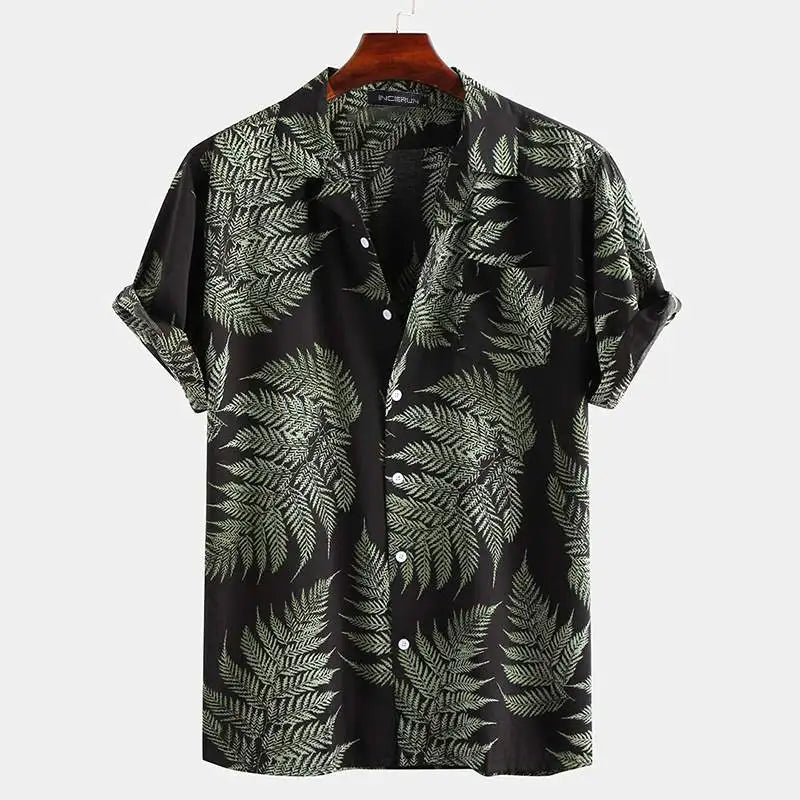 Comfortable men's tropical palm button-up shirt, perfect for beach style, summer fashion & vacation outfits.