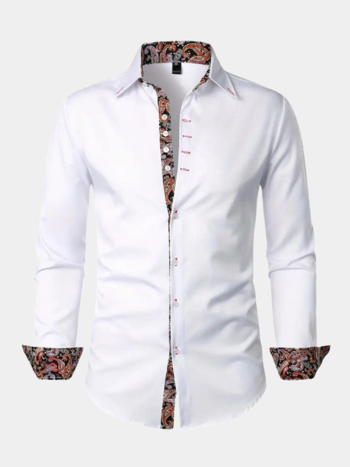 Men's paisley slim fit long sleeve shirt, a stylish top for casual and smart men's fashion.