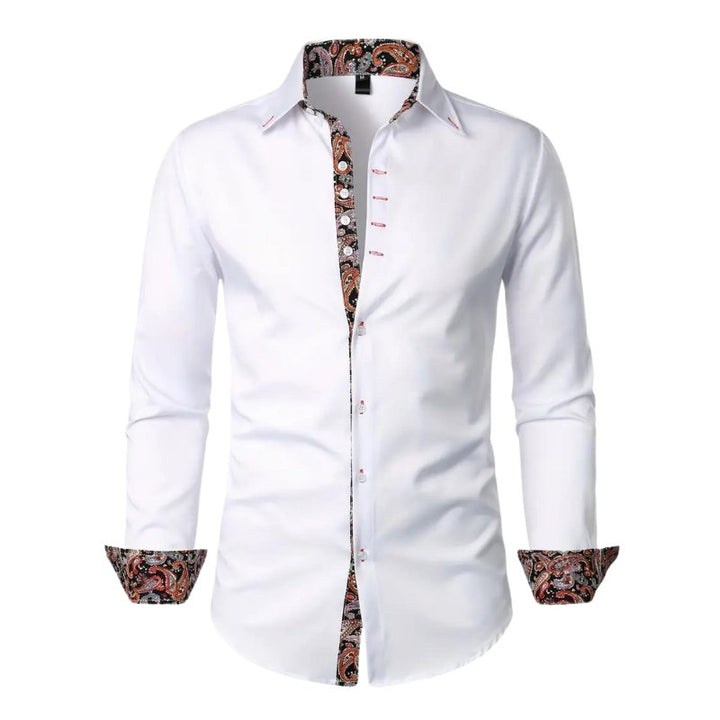 Stylish men's long sleeve shirt with an intricate paisley print, a modern designer look.