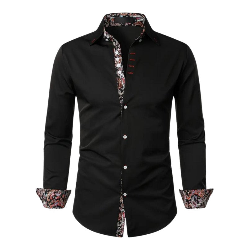 Elegant men's long sleeve shirt featuring a vibrant paisley pattern & slim tailored fit.