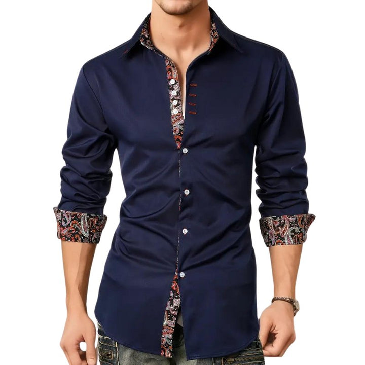 Close-up of a men's designer paisley long sleeve shirt, showcasing the unique print and slim cut.