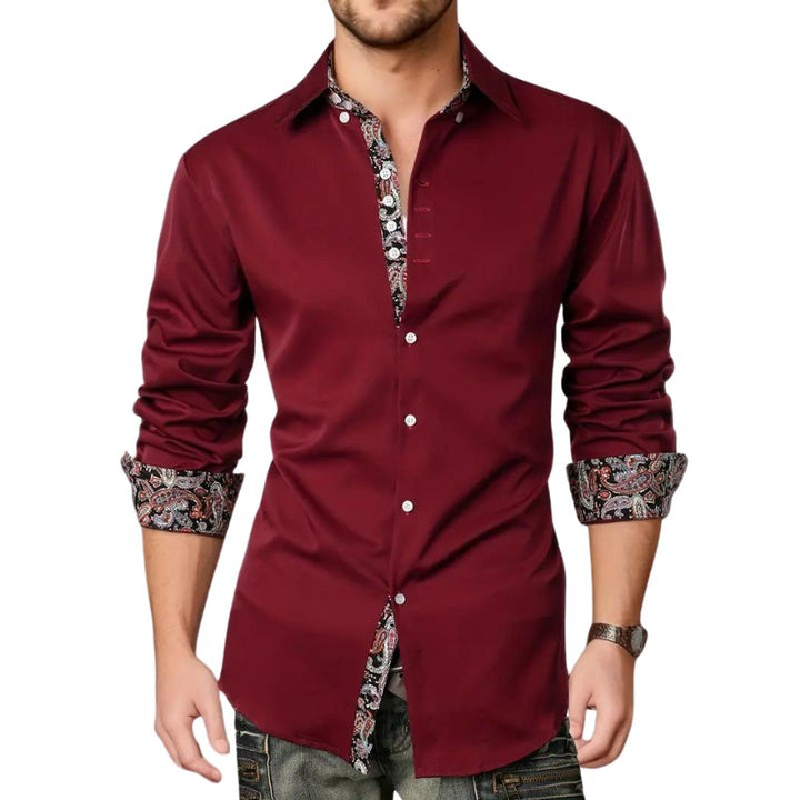 Modern men's slim fit long sleeve paisley shirt, an essential for a refined, designer-style wardrobe.