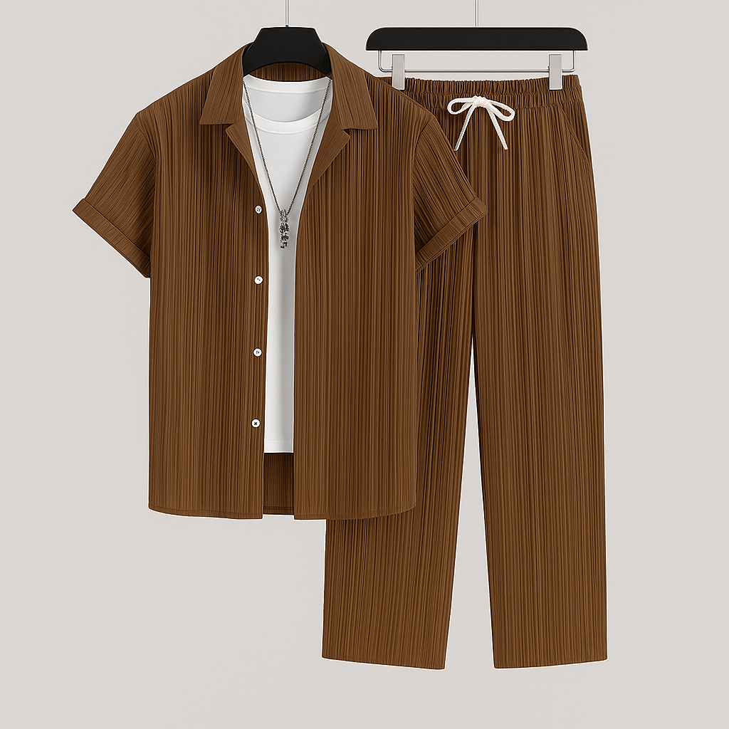 Stylish men's relaxed fit two-piece outfit, perfect for resort wear, vacation, and modern summer style.
