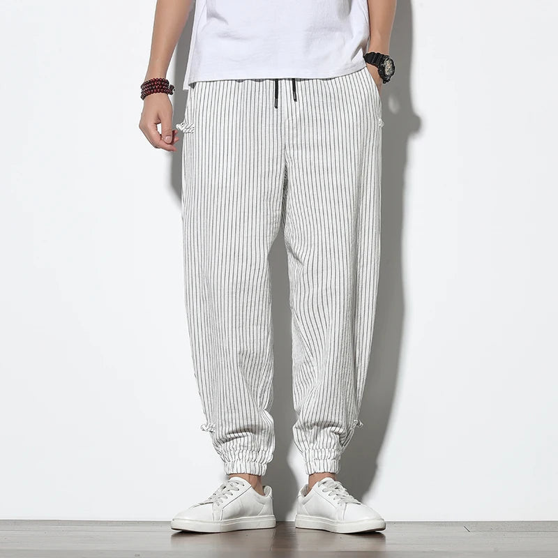 Stylish men's pinstripe joggers, perfect for casual pants, athletic style & comfortable everyday wear.