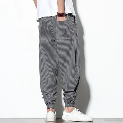 Versatile men's pinstripe joggers, great for lounging, casual outings, and athletic style comfort.