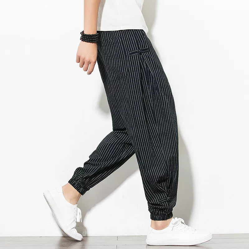 Detail of men's Palisade pinstripe jogger fabric, highlighting unique pattern & comfortable material.