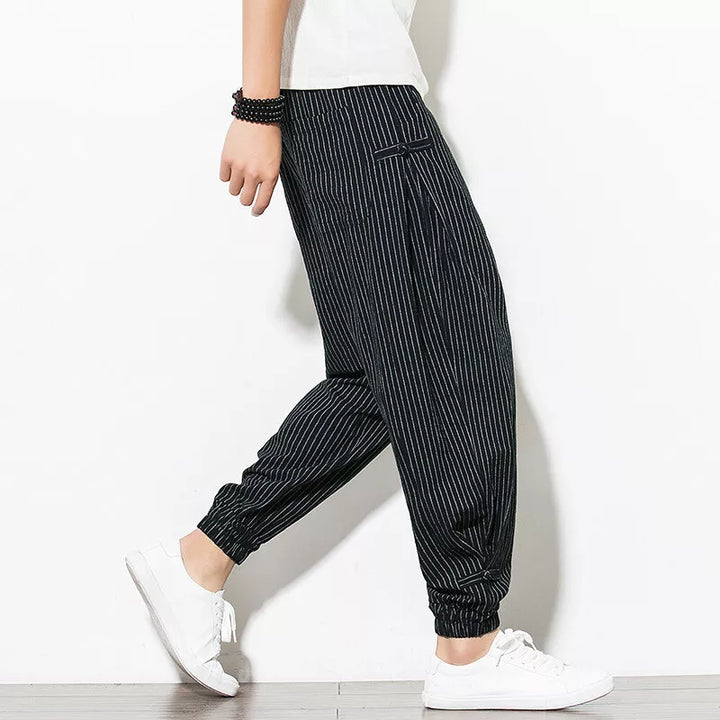 Detail of men's Palisade pinstripe jogger fabric, highlighting unique pattern & comfortable material.