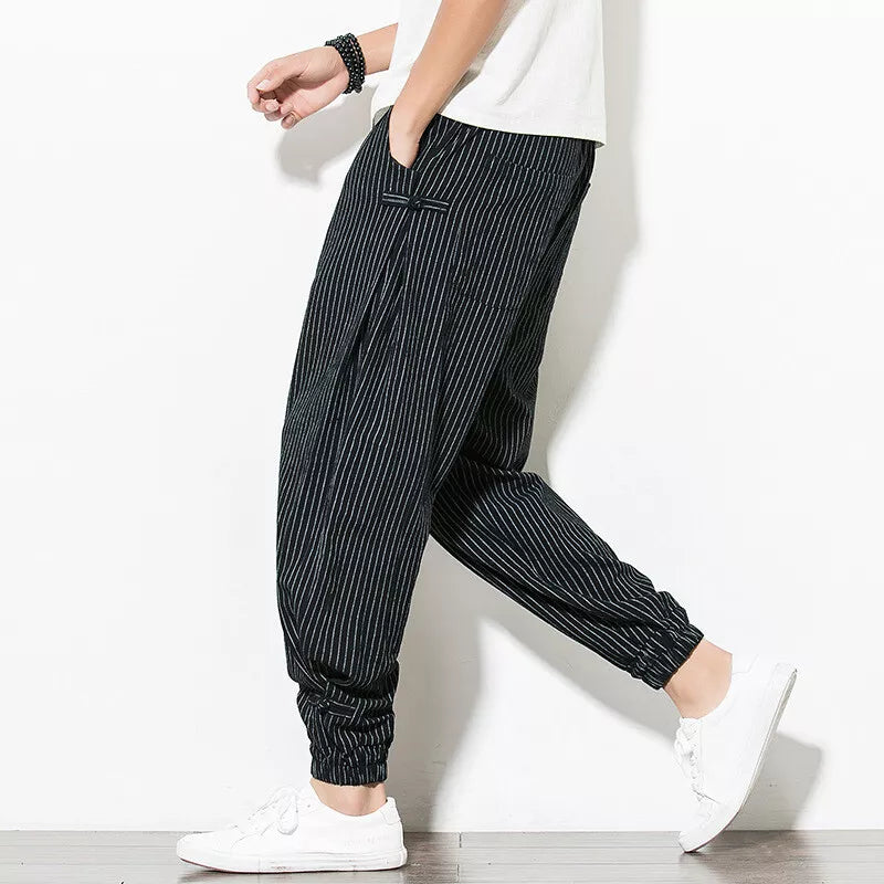 Soft, comfortable men's pinstripe joggers, ideal loungewear and casual pants for relaxed, athletic style.