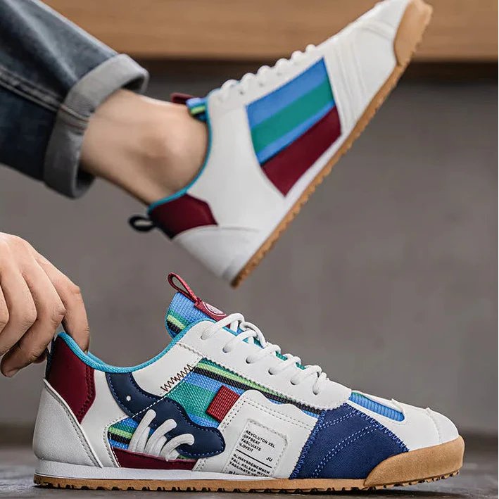 Men's durable utility sneakers with unique patchwork design. Great for outdoor trails, urban fashion & comfort.