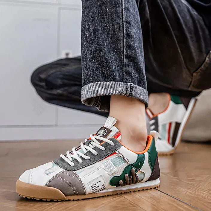 Modern men's fashion sneakers: comfortable patchwork utility shoes, ideal for active trail and urban street style.