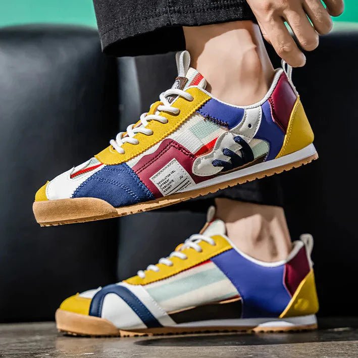 Close-up of men's patchwork utility sneakers, highlighting unique textures, durable build, and versatile design.